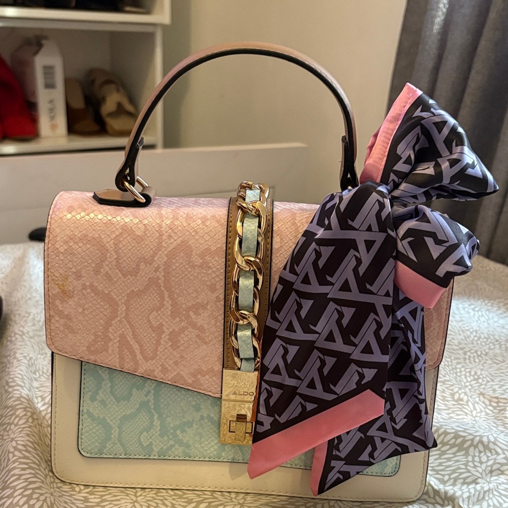 Aldo Pastel Pink and Blue Satchel with Gold Accents